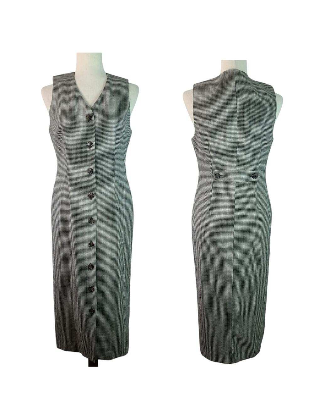 Talbots Brown Black Houndstooth Vintage USA Wool Lined Button Front Dress 4 P